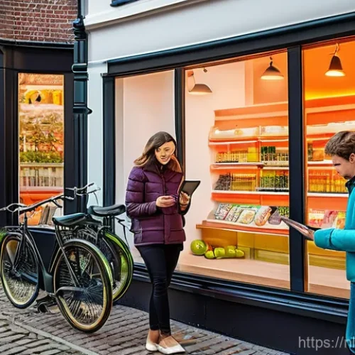 Home 21 고객 여정 맵핑의 장기적 비전 - **Prompt:** A diverse group of Dutch customers, aged 20s to 60s, are depicted within a vibrant, inte...